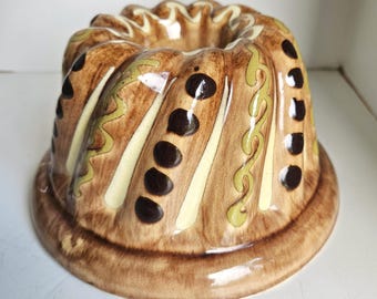Vintage French Kugelhopf Alsace Ceramic Cake Mold Hand Painted