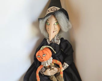 Joe Spencer Gathered Traditions Marleigh Halloween Witch Doll with Pumpkin Man Doll Fabric Collectible
