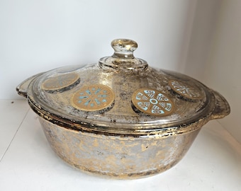 Mid Century Fire King Casserole Dish 2 Quart with Gold and Turquoise Georges Briard Medallions