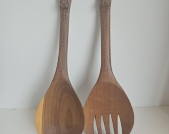 Hand Carved Wood Pair Large Serving Salad Fork and Spoon with Leopard Handle