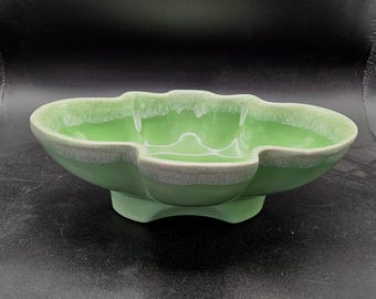 Vintage Pottery Planter Fluted Edge Pale Green Drip Possibly Cookson