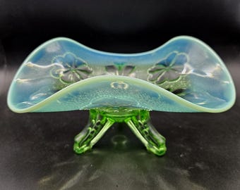 Vintage Opalescent Green Pressed Glass Footed Ruffle Edge Bowl