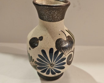 Tonala Mexico Hand Painted Small Brown and Blue Flower Bud Vase