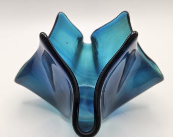 Studio Glass Handkerchief Crimp Blue Bowl Signed Frog Valley