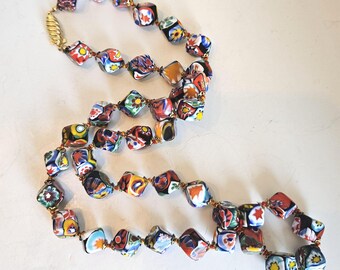 Ercole Moretti Millefiori Murano Glass Dice Bead Necklace 29 Inch