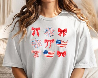 Stars Stripes Bow Shirt, Family Matching Tee, Mother Daughter Celebration Outfit, Patriotic Summer Shirt