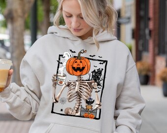 Skeleton Pumpkin Halloween Hoodie, Halloween Skeleton Hoodie, Retro Fall Hoodie, Halloween Hoodie, Skeleton Drinking Coffee, Halloween Gift