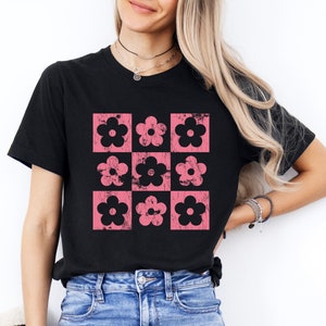 Checkered Boho Flowers Shirt, Retro Daisy Shirt, Floral Shirt, Flower Checkered Shirt, Gift for Women, Nature Lover, Gift For Her