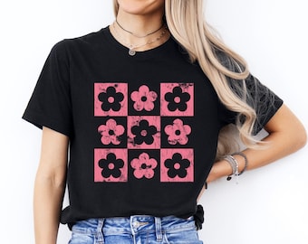 Checkered Boho Flowers Shirt, Retro Daisy Shirt, Floral Shirt, Flower Checkered Shirt, Gift for Women, Nature Lover, Gift For Her