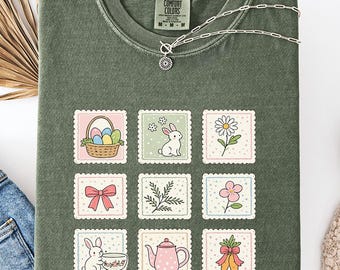 Vintage Easter Comfort Color Shirt for Women and Kids Cute Bunny Cottagecore tee and Coquette Farmhouse Thrifted Style Easter Sunday Gift