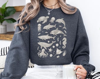 Sea Animals 90s Vintage Style Sweatshirt, Retro Ocean Sweater, Sweater for Fishing, Sea Life Whale Orca Turtle Sweats, Dolphin Sea Life Tee