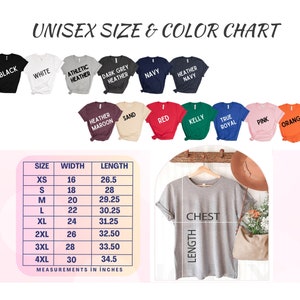Pu&ograve; includere: Tabella delle taglie e dei colori unisex per t-shirt con misure in pollici. La tabella mostra la larghezza e la lunghezza della t-shirt in pollici per le taglie XS a 4XL. La tabella mostra anche i diversi colori disponibili per la t-shirt, tra cui nero, bianco, grigio atletico, grigio scuro, blu navy, grigio navy, bordeaux, sabbia, rosso, verde kelly, blu reale, rosa e arancione.