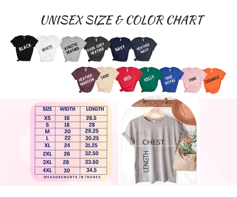 Pu&ograve; includere: Tabella delle taglie e dei colori unisex per t-shirt con misure in pollici. La tabella mostra la larghezza e la lunghezza della t-shirt in pollici per le taglie XS a 4XL. La tabella mostra anche i diversi colori disponibili per la t-shirt, tra cui nero, bianco, grigio atletico, grigio scuro, blu navy, grigio navy, bordeaux, sabbia, rosso, verde kelly, blu reale, rosa e arancione.