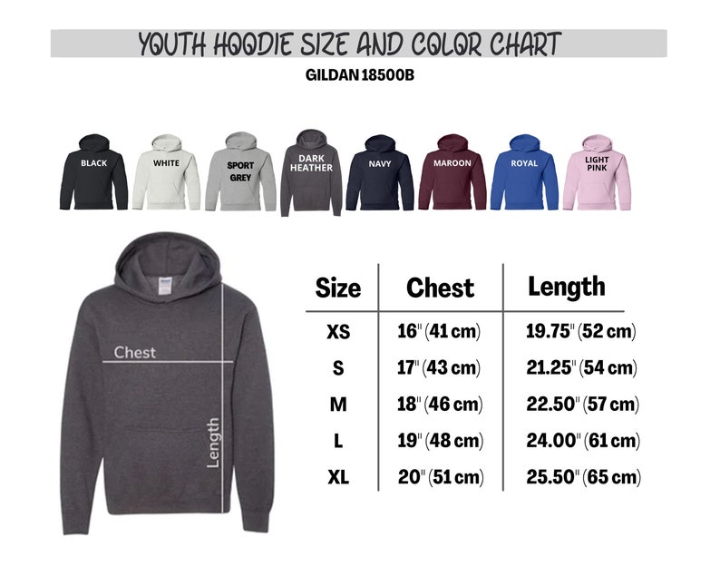 Op de afbeelding: Maattabel voor jeugd hoodies met metingen in inches en centimeters. De tabel toont de borst- en lengtemaat voor maten XS, S, M, L en XL. De tabel is gelabeld "Youth Hoodie Size and Color Chart" en "Gildan 18500B".