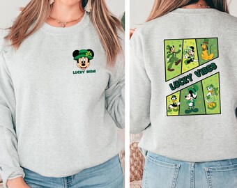 Custom Disney Mickey And Friends Lucky Vibes Sweatshirt, Disneyland Lucky Day Tee, Disney Shamrock, Custom Family Saint Patrick's Day Sweats