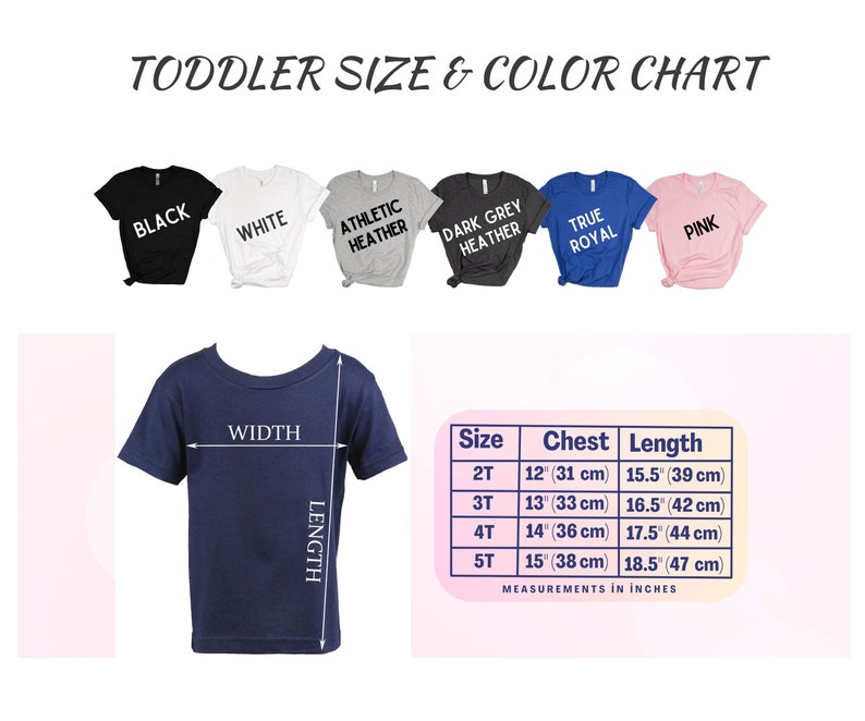 Pu&ograve; includere: Tabella delle taglie per magliette per bambini piccoli in vari colori, tra cui nero, bianco, grigio atletico, grigio scuro, blu reale e rosa. La tabella mostra le misure del torace e della lunghezza in pollici e centimetri per le taglie 2T, 3T, 4T e 5T.