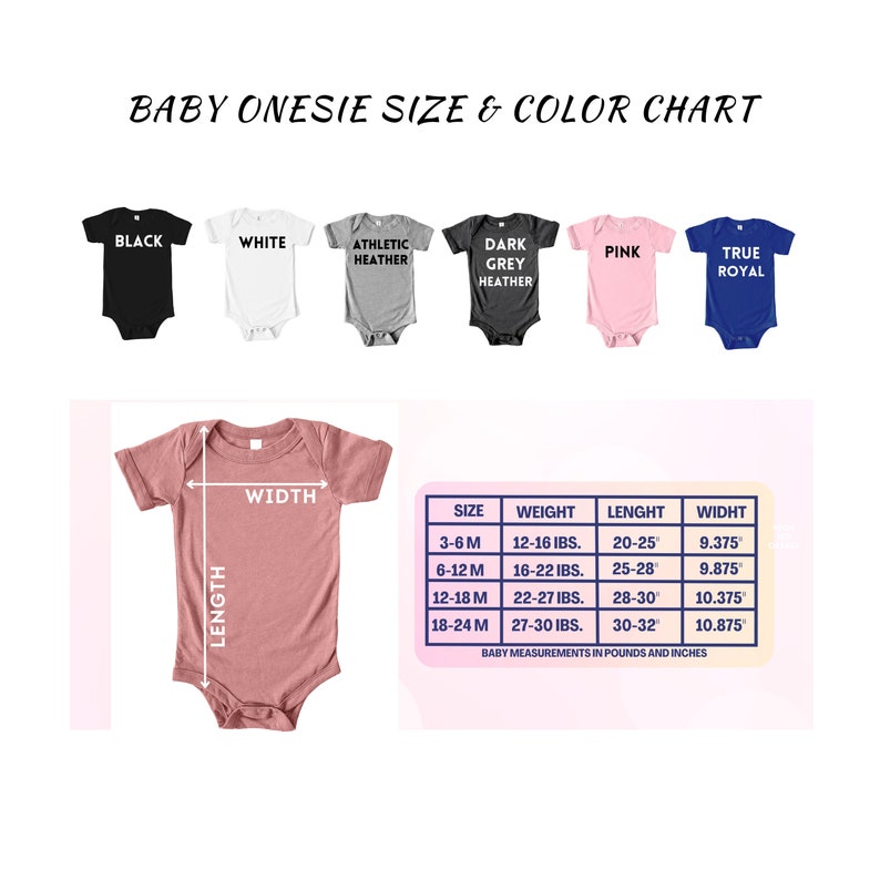Pu&ograve; includere: Una tabella di taglie e colori per body per neonati. La tabella mostra le diverse taglie, pesi, lunghezze e larghezze dei body. La tabella mostra anche i diversi colori dei body, tra cui nero, bianco, grigio atletico, grigio scuro, rosa e blu reale.