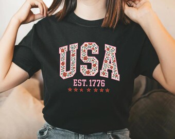 Retro USA Est 1776 Shirt, America 4th of July Shirt, Floral USA Flag Shirt, Flower USA Shirt, American Women Shirt, Stars and Stripes Tee