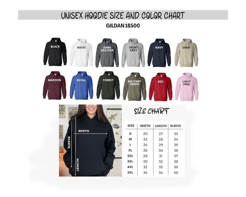 Op de afbeelding: Unisex hoodie maat- en kleurenkaart met een model dat een zwarte hoodie draagt. De kaart toont verschillende kleuren en maten hoodies met metingen in inches. De kaart bevat de volgende kleuren: zwart, wit, donker grijs, sport grijs, marine, zand, donkerrood, koninklijk blauw, bosgroen, legergroen, rood en lichtroze.