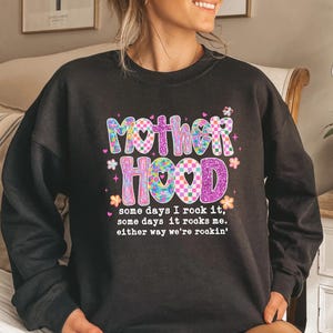 Motherhood Floral Checkered Sweatshirt, Retro Mother Hood Sweat, Sassy Mom Tee, Sarcastic Mama Sweat, Retro Mom Sweat, Funny Mothers Day Tee