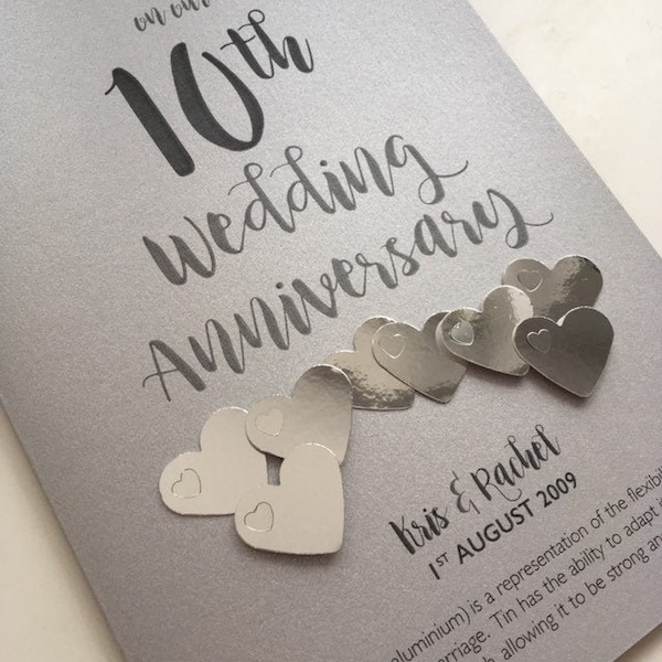 Tarjeta de aniversario de boda de 10 años de estaño o aluminio (décimo) - Personalizada con nombres y fecha