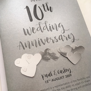 Tin or Aluminium 10th 10 years Wedding Anniversary Card Personalised with names and date image 5