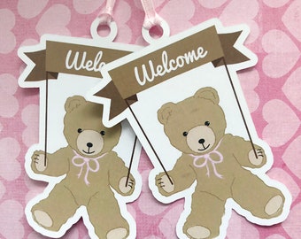 2 Two Teddy Bear New Baby Gift Tags - Pink or blue