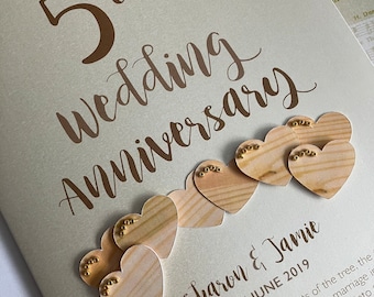 Carte d'anniversaire de mariage 5 ans en bois en bois - personnalisée avec les noms et la date