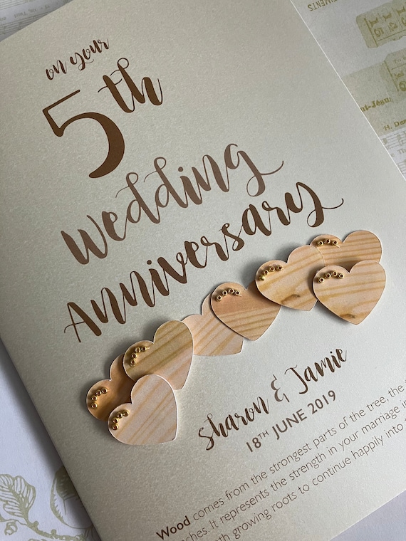 Wood Wooden 5th 5 Years Wedding Anniversary Card Personalised With Names and Date Etsy UK