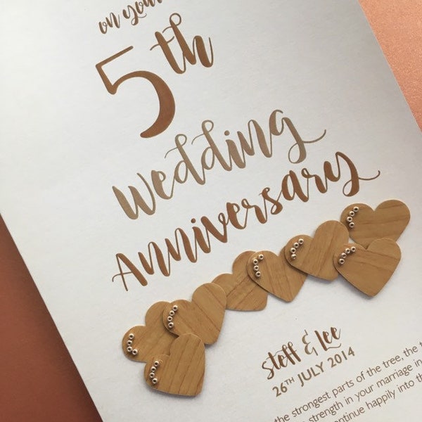 Wood Wooden (5th) 5 years Wedding Anniversary Card - Personalised with names and date