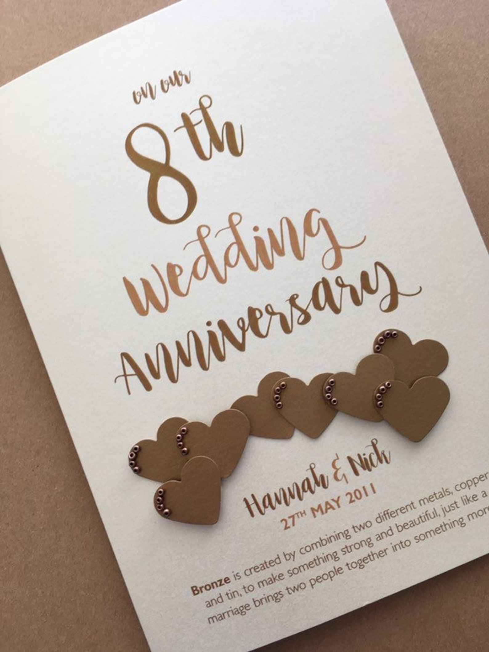 Bronze 8th 8 Years Wedding Anniversary Card Personalised - Etsy UK