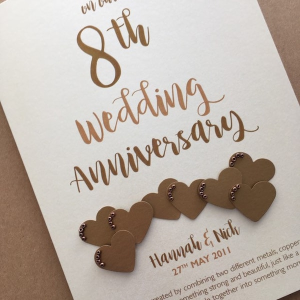 Bronze (8th) 8 years Wedding Anniversary Card - Personalised with names and date