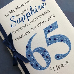 Carte d'anniversaire de mariage de luxe saphir (45e ou 65e) de 45 ou 65 ans - personnalisée avec les noms et la date