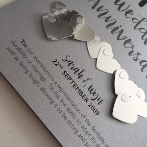 Tin or Aluminium 10th 10 years Wedding Anniversary Card Personalised with names and date image 3