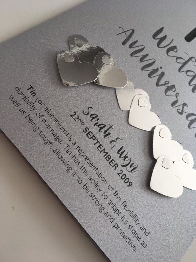 Tin or Aluminium 10th 10 years Wedding Anniversary Card Personalised with names and date image 3