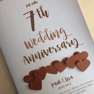 Copper 7th 7 years Wedding Anniversary Card Personalised with names and date image 3