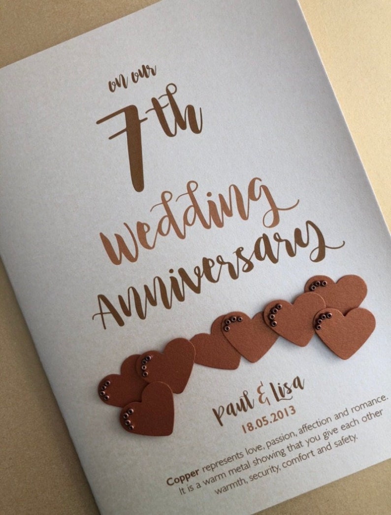 Copper 7th 7 years Wedding Anniversary Card Personalised with names and date image 3