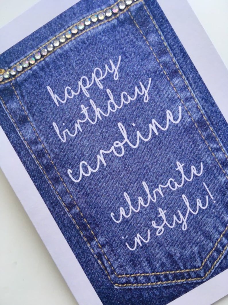 Denim Jeans Pocket Diamanté Birthday Card personalised with name image 1