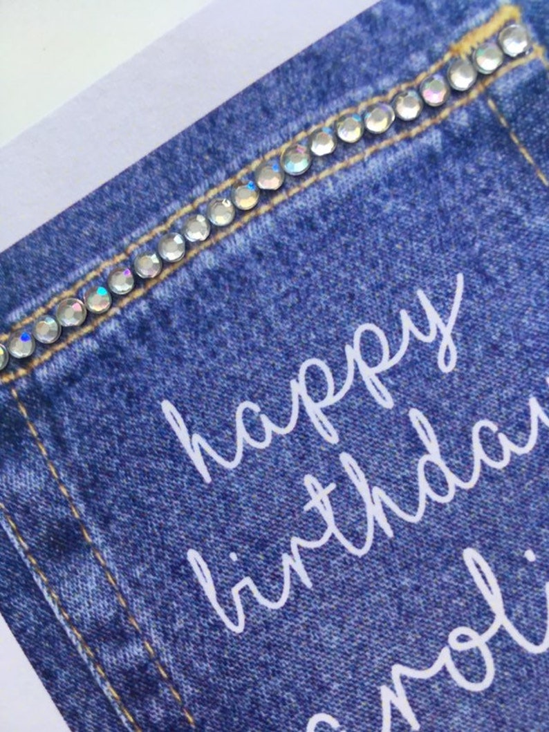 Denim Jeans Pocket Diamanté Birthday Card personalised with name image 2