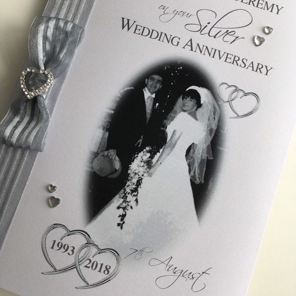 Silver (25th) 25 years Wedding Anniversary Card - Personalised with Photo, Names and Date