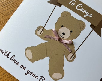 Baby Shower Teddy Bear Congratulations Card personalised name pink or blue