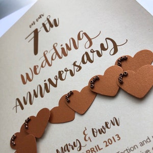 Copper 7th 7 years Wedding Anniversary Card Personalised with names and date image 5