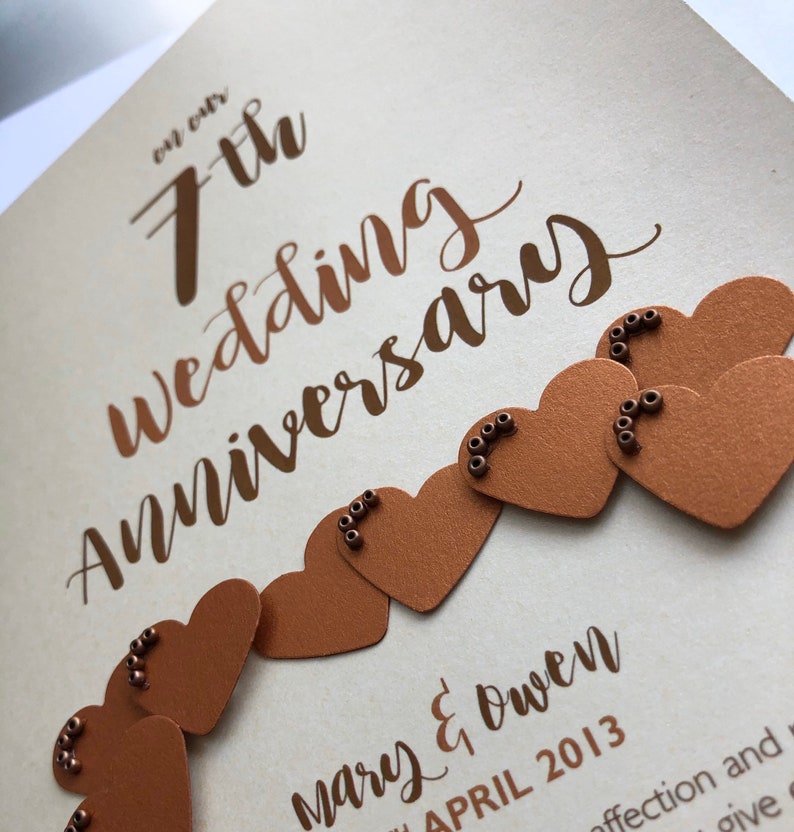 Copper 7th 7 years Wedding Anniversary Card Personalised with names and date image 5