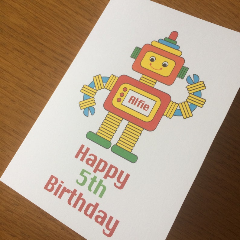 Robot Birthday card for children personalised with name and age image 1