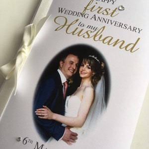 Première carte d'anniversaire de mariage pour femme ou mari - personnalisée avec photo, noms et date