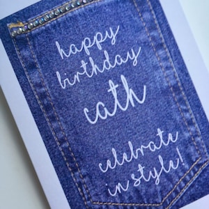 Denim Jeans Pocket Diamanté Birthday Card personalised with name image 5