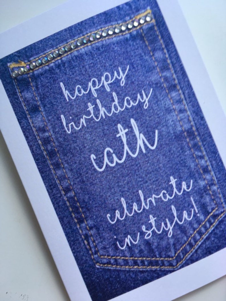 Denim Jeans Pocket Diamanté Birthday Card personalised with name image 5