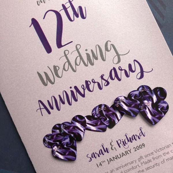 Silk (12th) 12 years Wedding Anniversary Card - Personalised with names and date