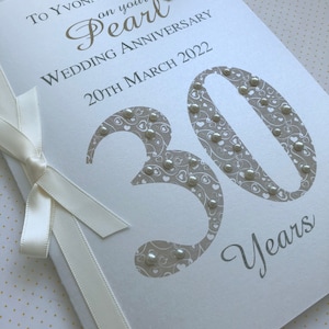 Pearl 30th 30 Luxury Wedding Anniversary Card Personalised with Names and Date image 1