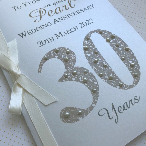 30e carte d'anniversaire de mariage de luxe Pearl (30e) - personnalisée avec les noms et la date